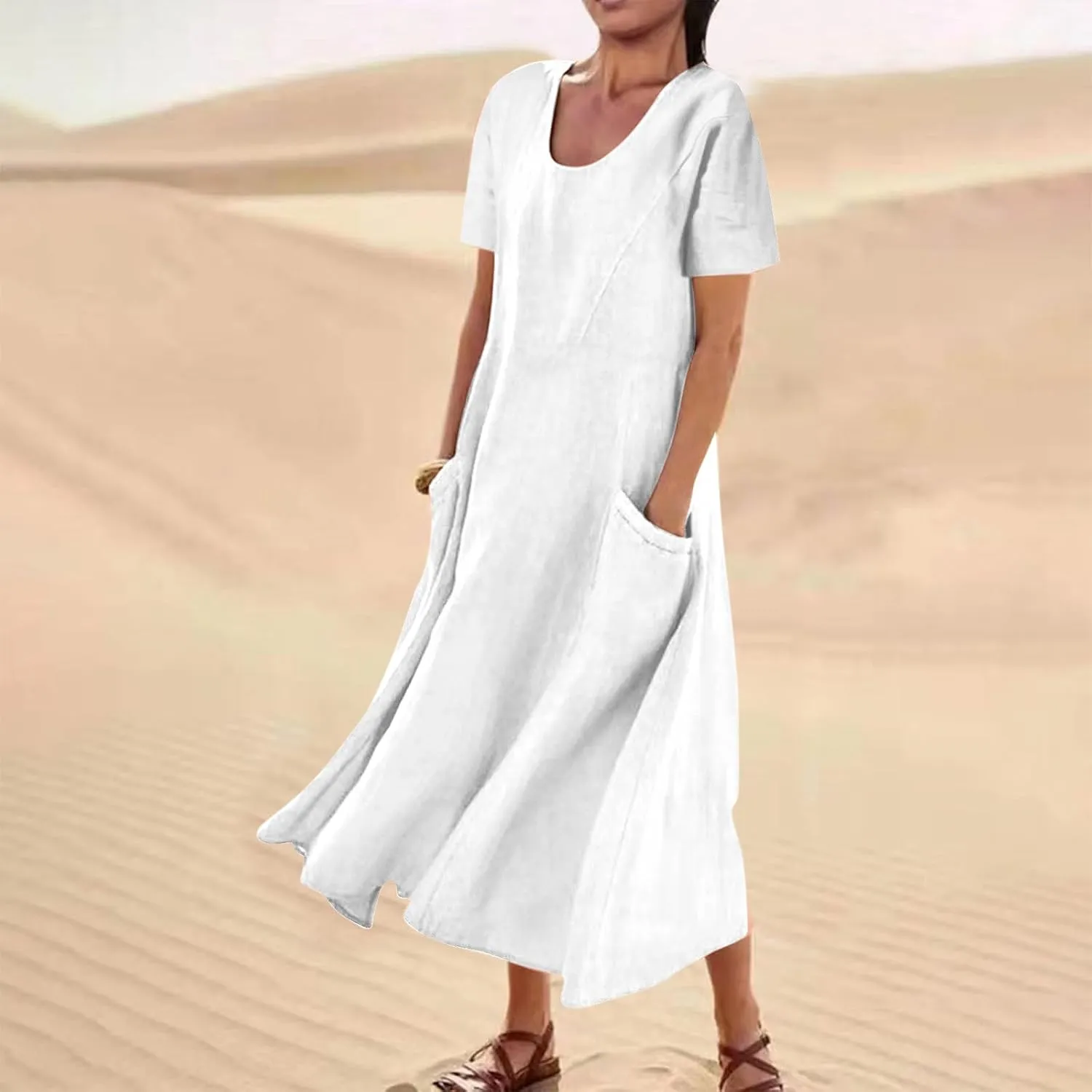 Linen Shirt Dresses for Women Plus Size Short Sleeve Flowy Midi Dresses Summer Casual Shirt Dresses with Dual Pockets