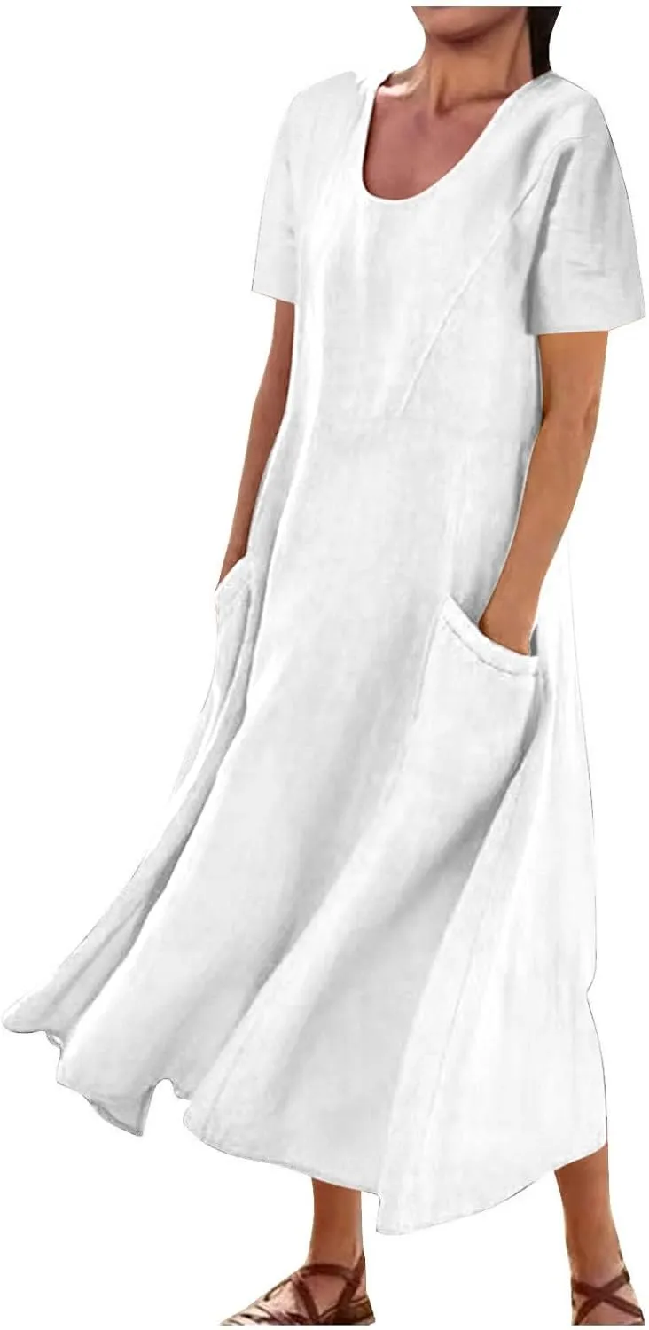 Linen Shirt Dresses for Women Plus Size Short Sleeve Flowy Midi Dresses Summer Casual Shirt Dresses with Dual Pockets