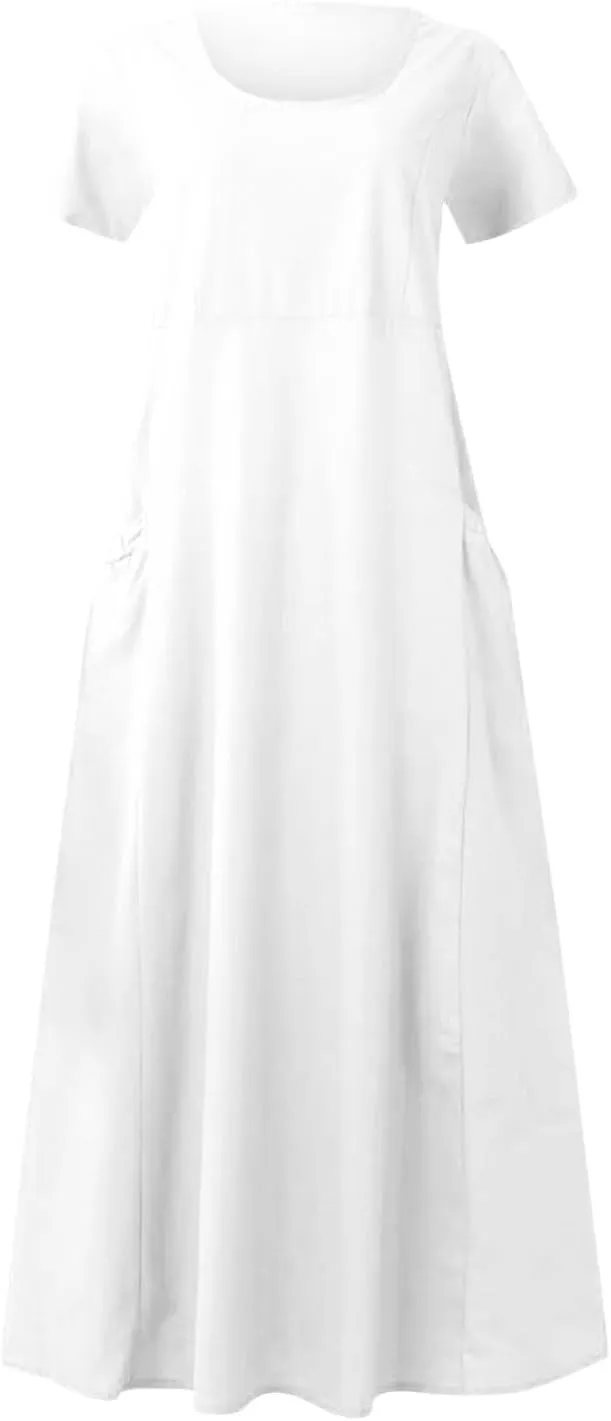 Linen Shirt Dresses for Women Plus Size Short Sleeve Flowy Midi Dresses Summer Casual Shirt Dresses with Dual Pockets