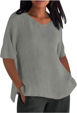 Linen Shirts for Women 2025 Basic 3/4 Sleeve Tops Summer Casual Round Neck Solid Pullover Blouse Ladies Tunic Tshirt