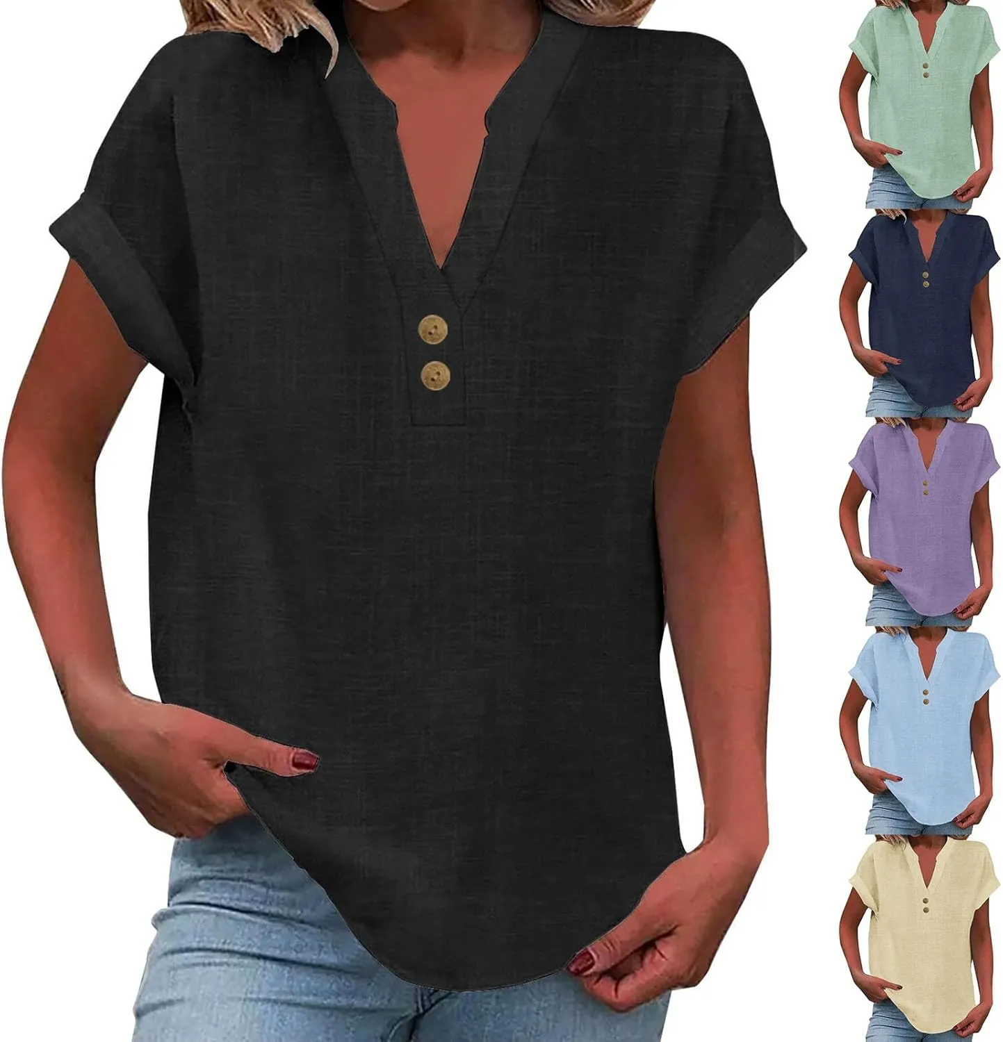 Linen Shirts for Women Casual Button V-Neck Short Sleeve Shirts Loose Fit Solid Lightweight Blouse Trendy Summer Tops