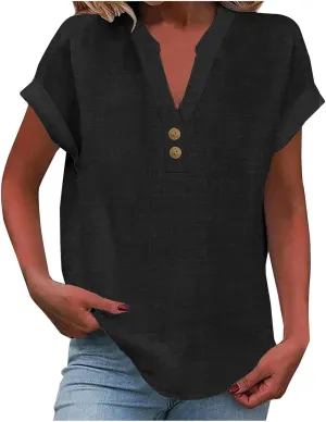 Linen Shirts for Women Casual Button V-Neck Short Sleeve Shirts Loose Fit Solid Lightweight Blouse Trendy Summer Tops