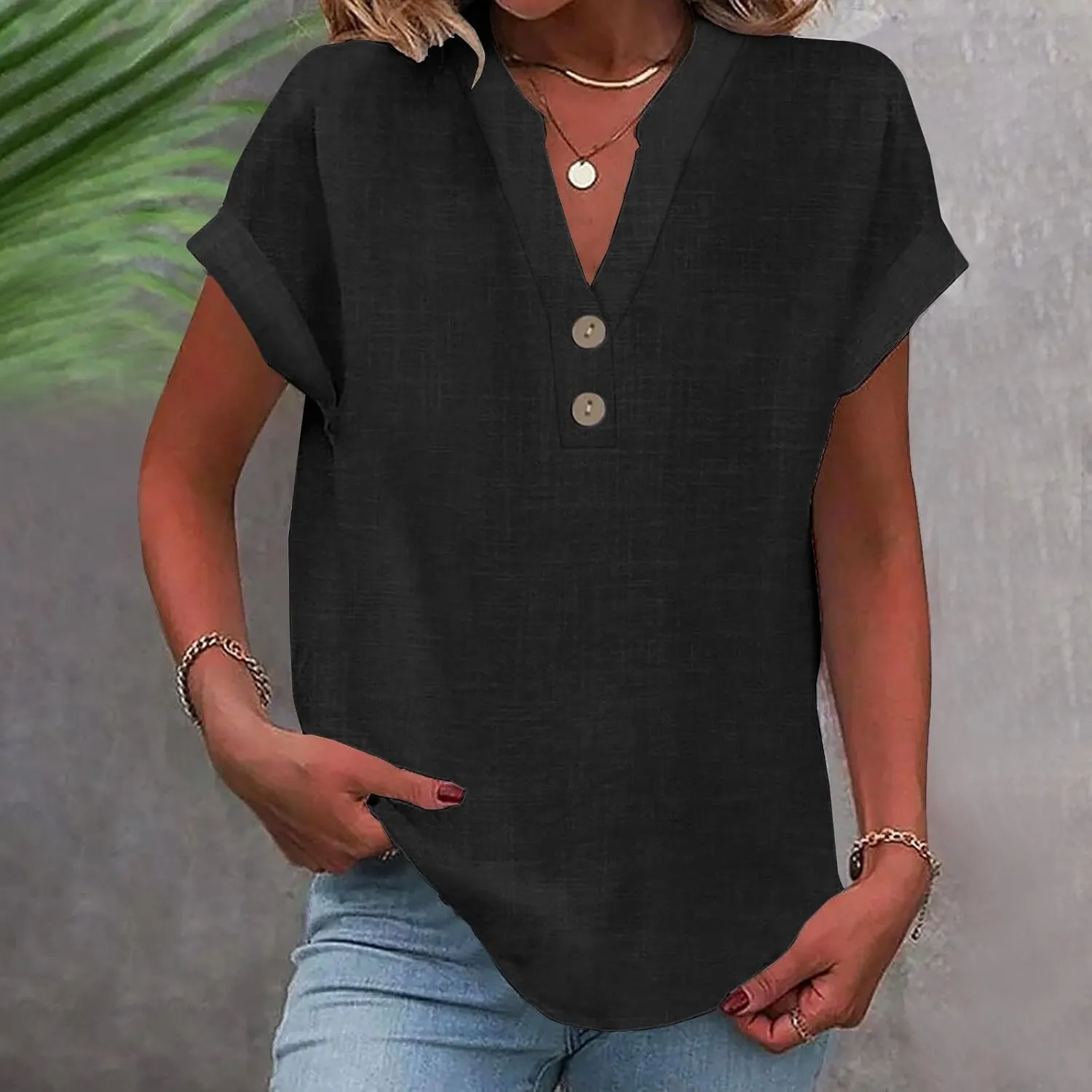 Linen Shirts for Women Casual Button V-Neck Short Sleeve Shirts Loose Fit Solid Lightweight Blouse Trendy Summer Tops