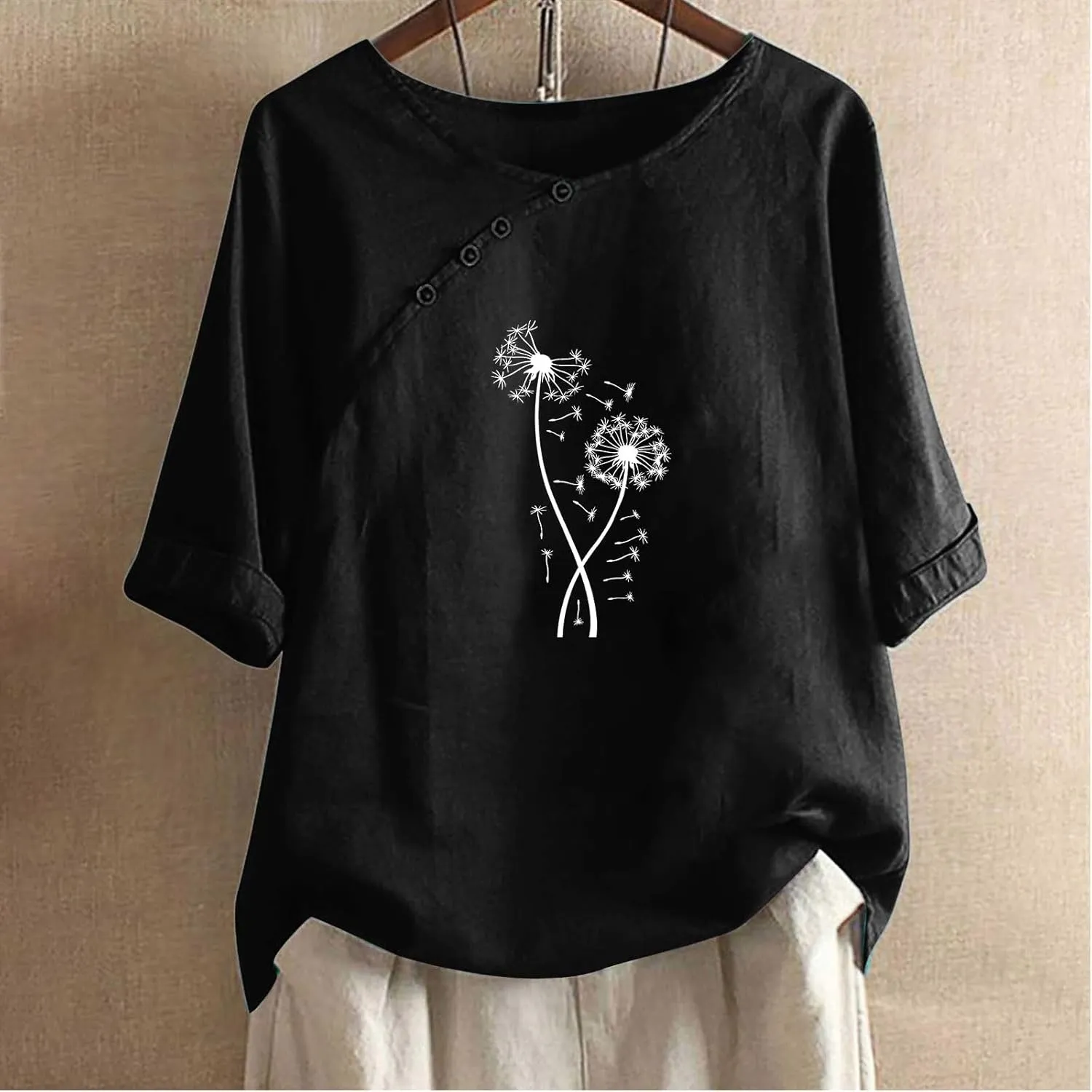 Linen Shirts for Women Crewneck Button Down Floral Blouse Tops Dressy Casual Summer Oversized Tshirts 2024