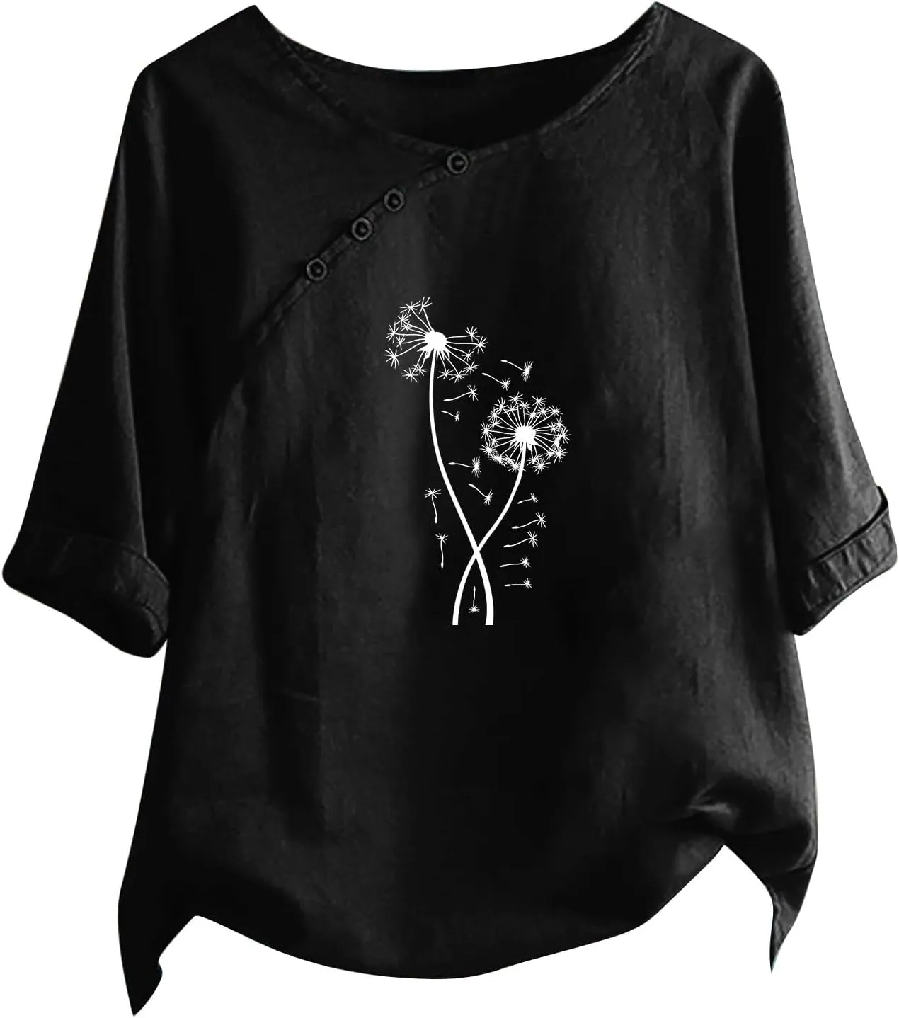 Linen Shirts for Women Crewneck Button Down Floral Blouse Tops Dressy Casual Summer Oversized Tshirts 2024