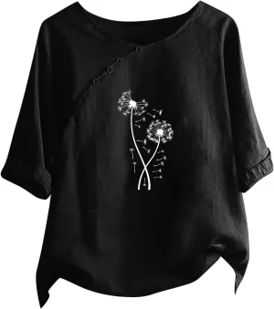 Linen Shirts for Women Crewneck Button Down Floral Blouse Tops Dressy Casual Summer Oversized Tshirts 2024