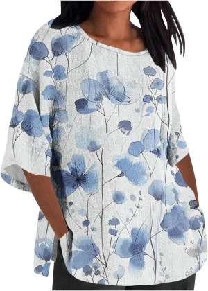 Linen Shirts for Women Loose Fit Casual 3/4 Sleeve Tops Retro Print Tshirt Tunic Cotton Blouse 2025 Summer Basic Tees