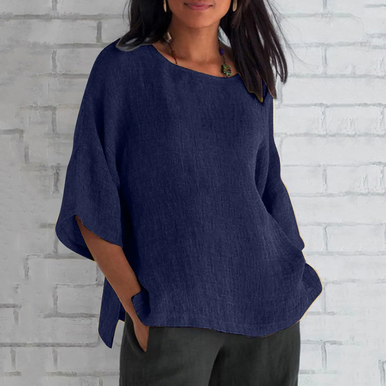 Linen Shirts for Women Loose Fit Casual 3/4 Sleeve Tops Retro Print Tshirt Tunic Cotton Blouse 2025 Summer Basic Tees