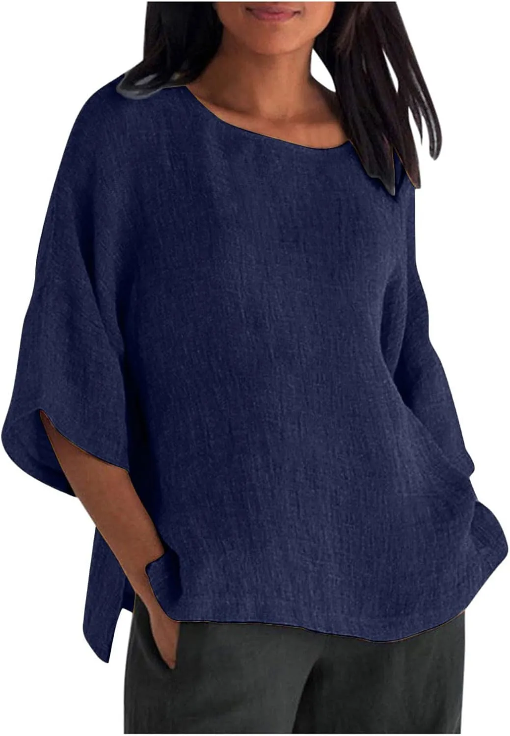Linen Shirts for Women Loose Fit Casual 3/4 Sleeve Tops Retro Print Tshirt Tunic Cotton Blouse 2025 Summer Basic Tees