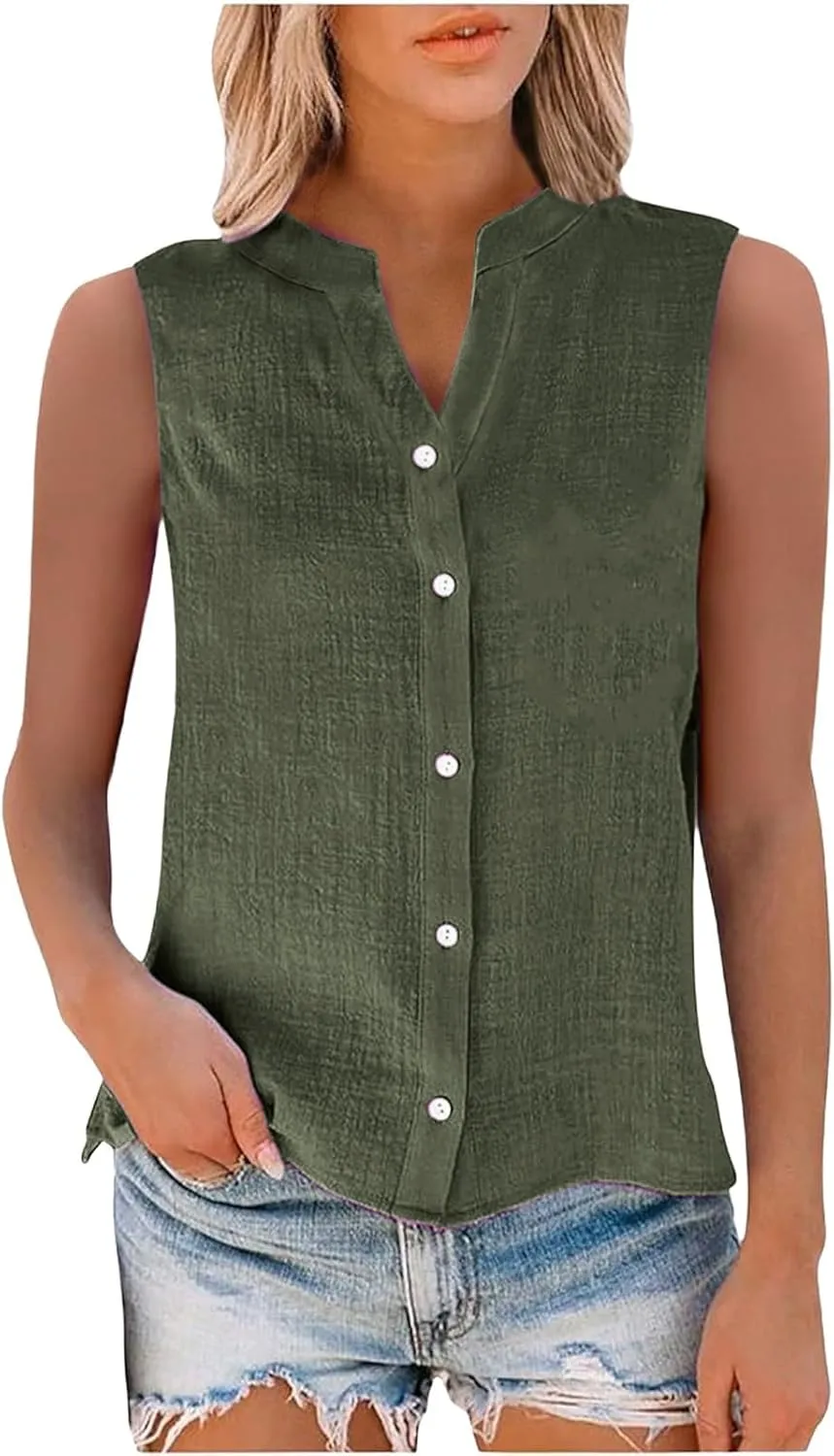 Linen Shirts for Women Sleeveless Buttons V Neck Boho Tops Solid Color Summer Beach Blouses Casual Loose Fit Tee