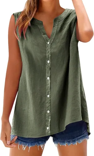 Linen Shirts for Women Sleeveless Buttons V Neck Boho Tops Solid Color Summer Beach Blouses Casual Loose Fit Tee