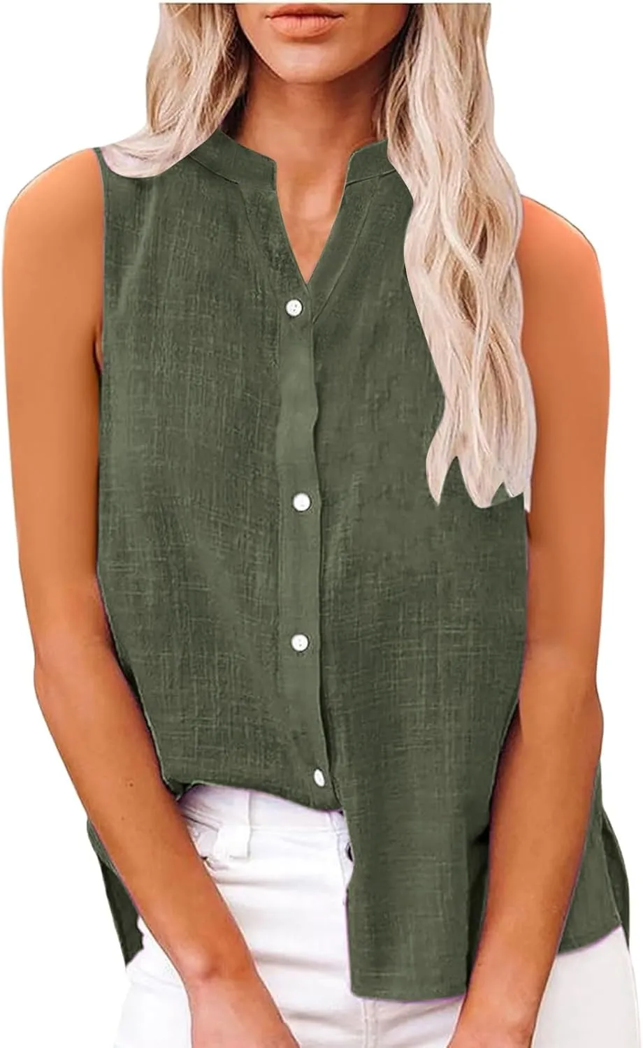 Linen Shirts for Women Sleeveless Buttons V Neck Boho Tops Solid Color Summer Beach Blouses Casual Loose Fit Tee