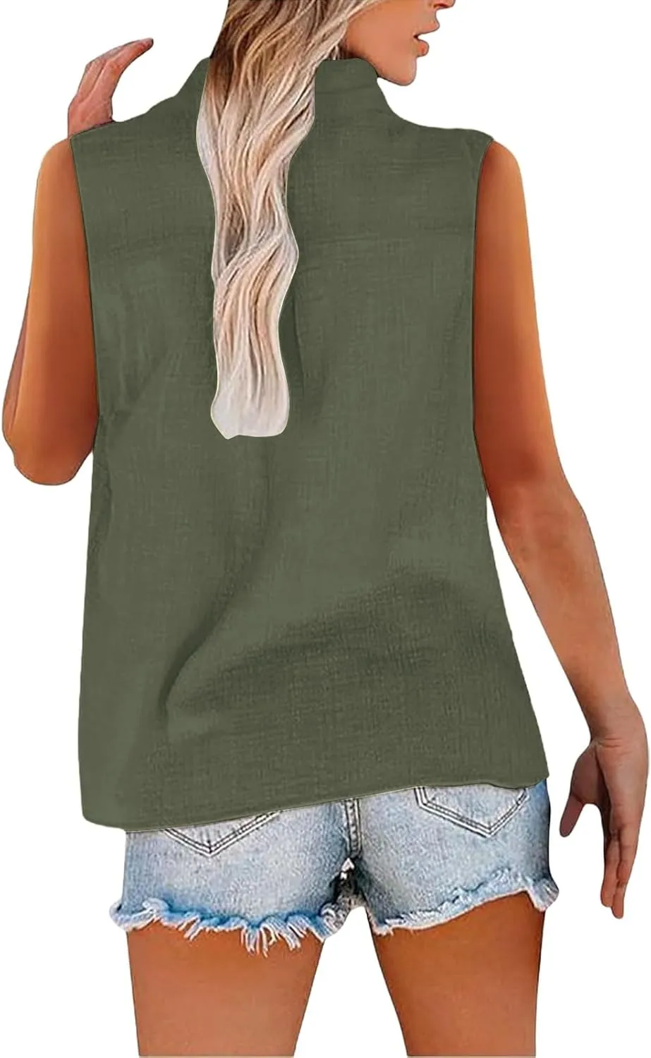 Linen Shirts for Women Sleeveless Buttons V Neck Boho Tops Solid Color Summer Beach Blouses Casual Loose Fit Tee