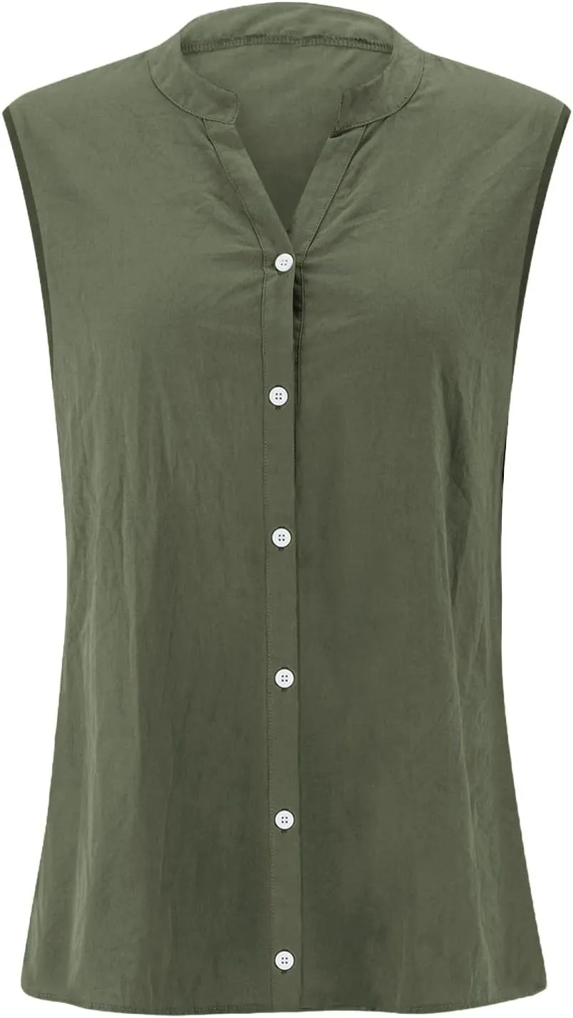Linen Shirts for Women Sleeveless Buttons V Neck Boho Tops Solid Color Summer Beach Blouses Casual Loose Fit Tee