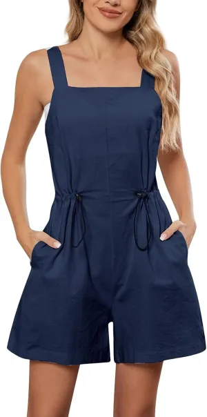 Linen Short Overalls Women Rompers Shortalls Adjustable Waist Straps Short Jumpsuits Overall Shorts with Pockets