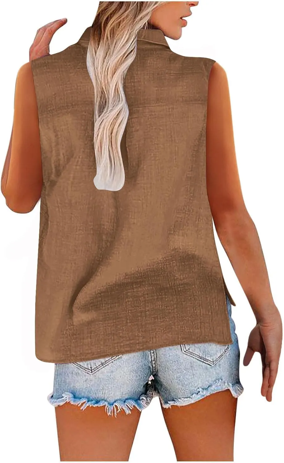 Linen Tank Tops for Women Sleeveless Collared Button Down Shirts Casual Loose Solid Color T-Shirts Summer Basic Tees