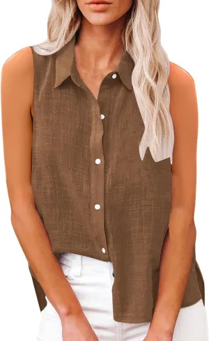 Linen Tank Tops for Women Sleeveless Collared Button Down Shirts Casual Loose Solid Color T-Shirts Summer Basic Tees