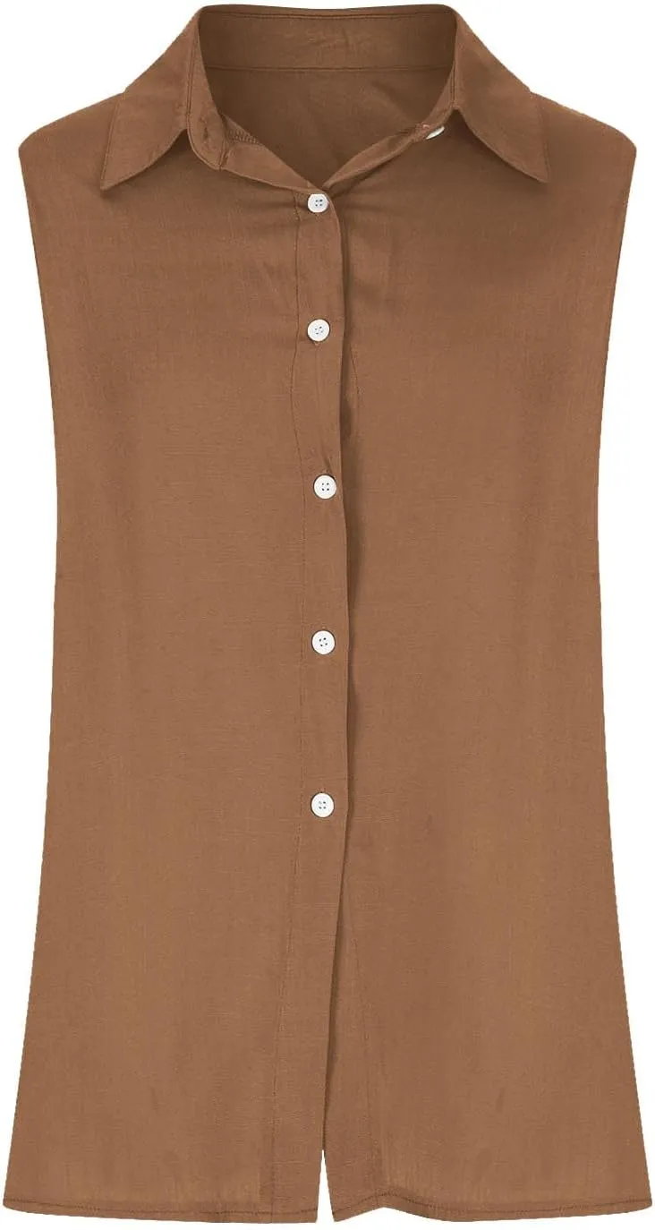 Linen Tank Tops for Women Sleeveless Collared Button Down Shirts Casual Loose Solid Color T-Shirts Summer Basic Tees