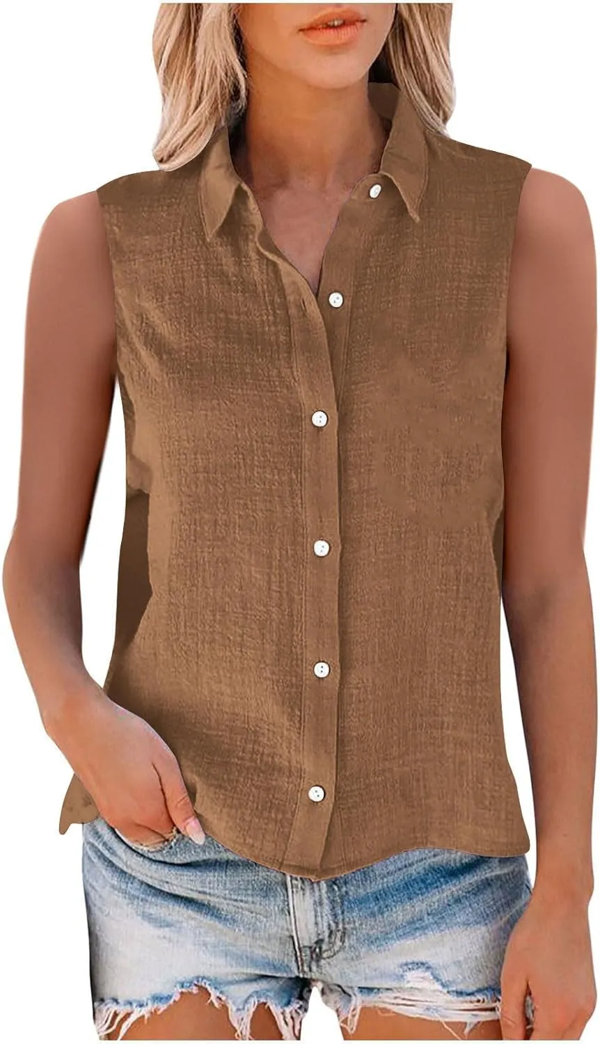 Linen Tank Tops for Women Sleeveless Collared Button Down Shirts Casual Loose Solid Color T-Shirts Summer Basic Tees
