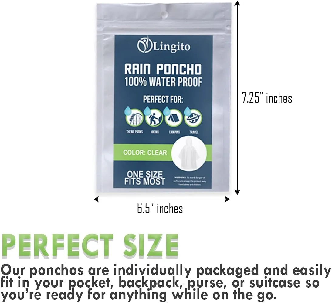 Lingito Clear Emergency Rain Ponchos Adults, Thicker, 100% Waterproof Emergency Camping Rain Poncho, Amusement Parks, Hikes