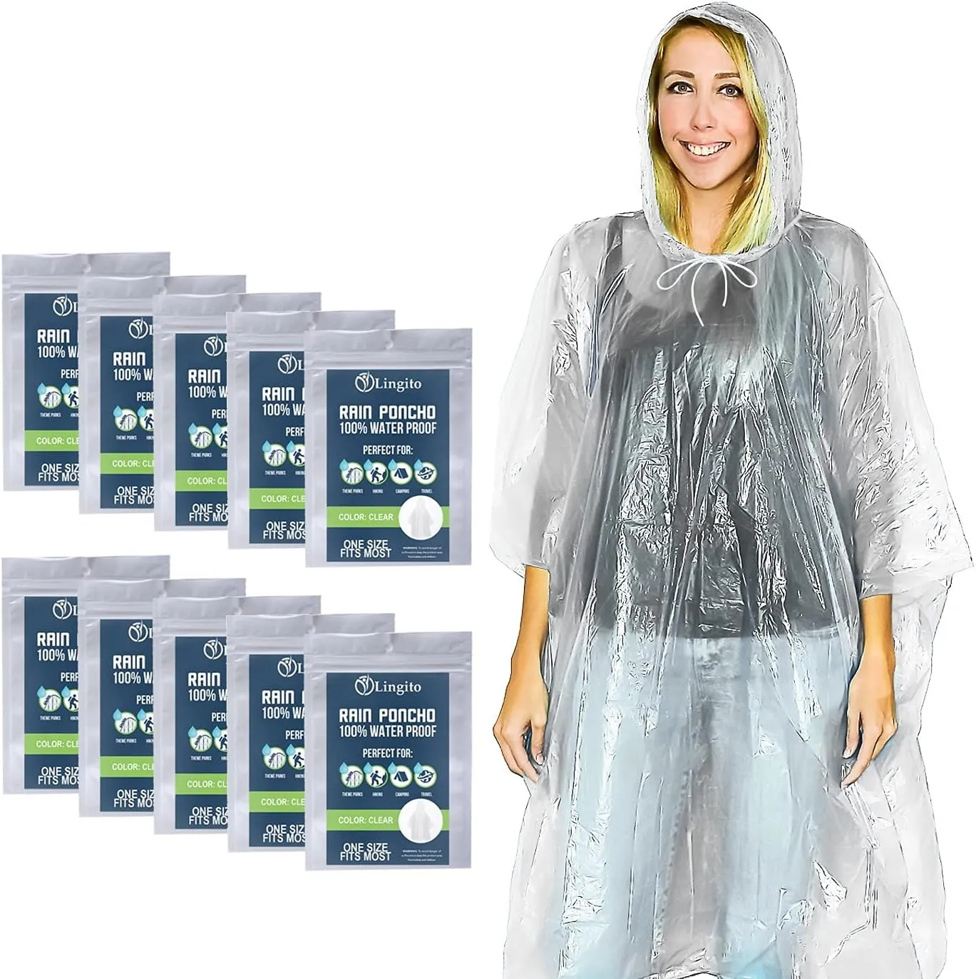 Lingito Clear Emergency Rain Ponchos Adults, Thicker, 100% Waterproof Emergency Camping Rain Poncho, Amusement Parks, Hikes