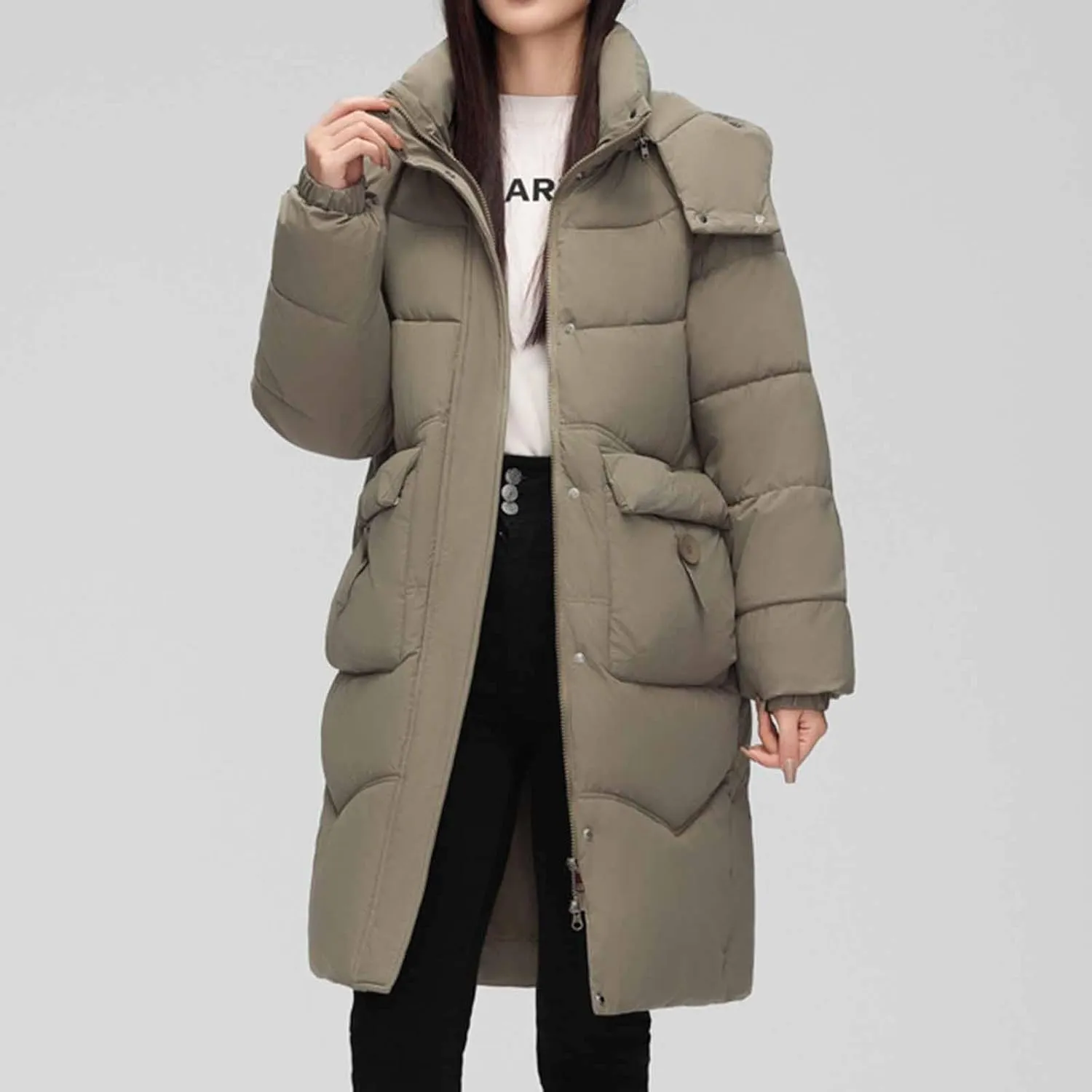 Long Down Puffer Jackets for Women Heavyweight Thicken Quilted Padded Coats Hooded Windproof Parka Military Jackets