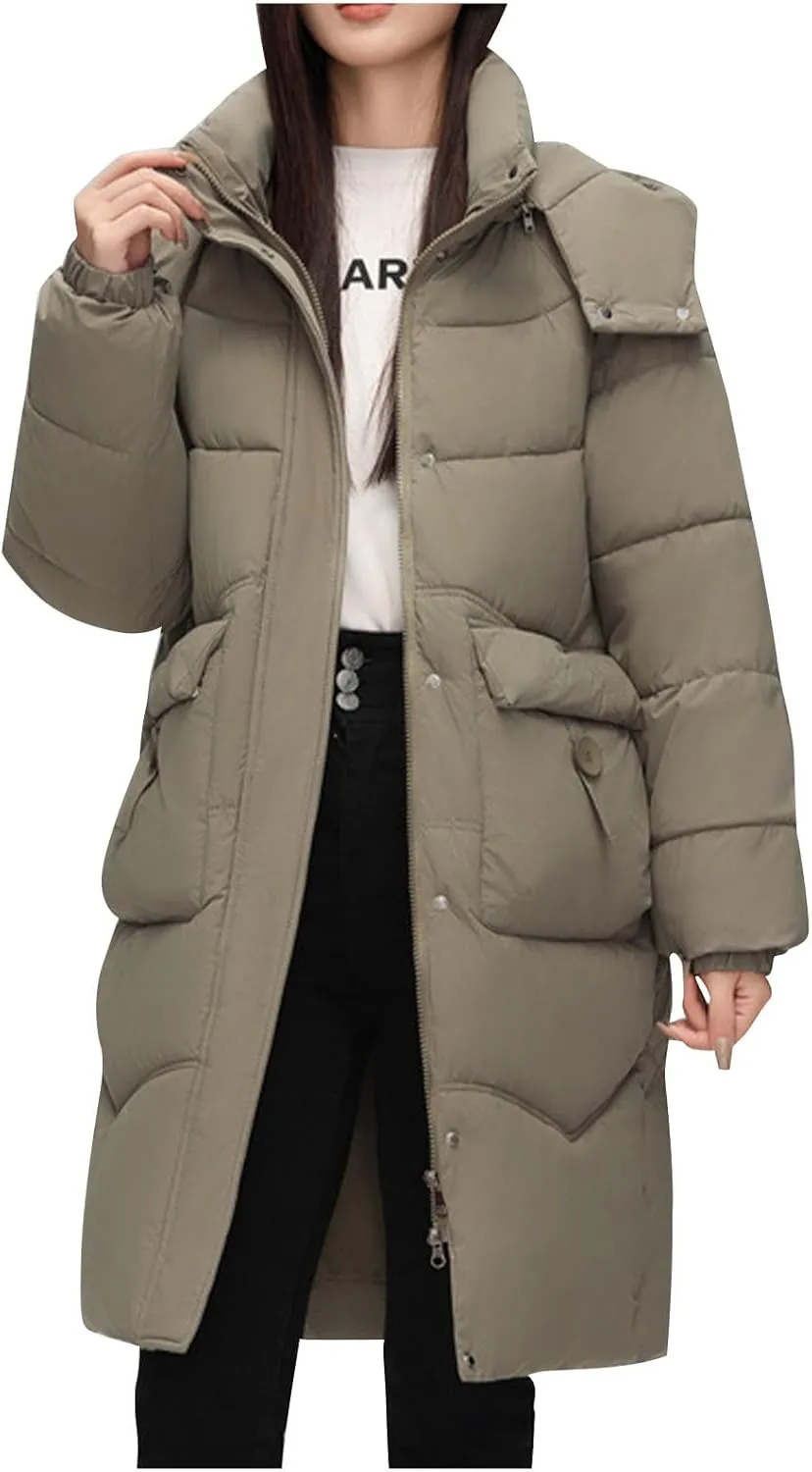 Long Down Puffer Jackets for Women Heavyweight Thicken Quilted Padded Coats Hooded Windproof Parka Military Jackets