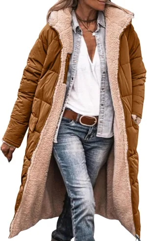 Long Puffer Coat Women Reversible Fleece Jacket Winter Hooded Down Coat Oversized Shearling Fleece Long Coats Jackets