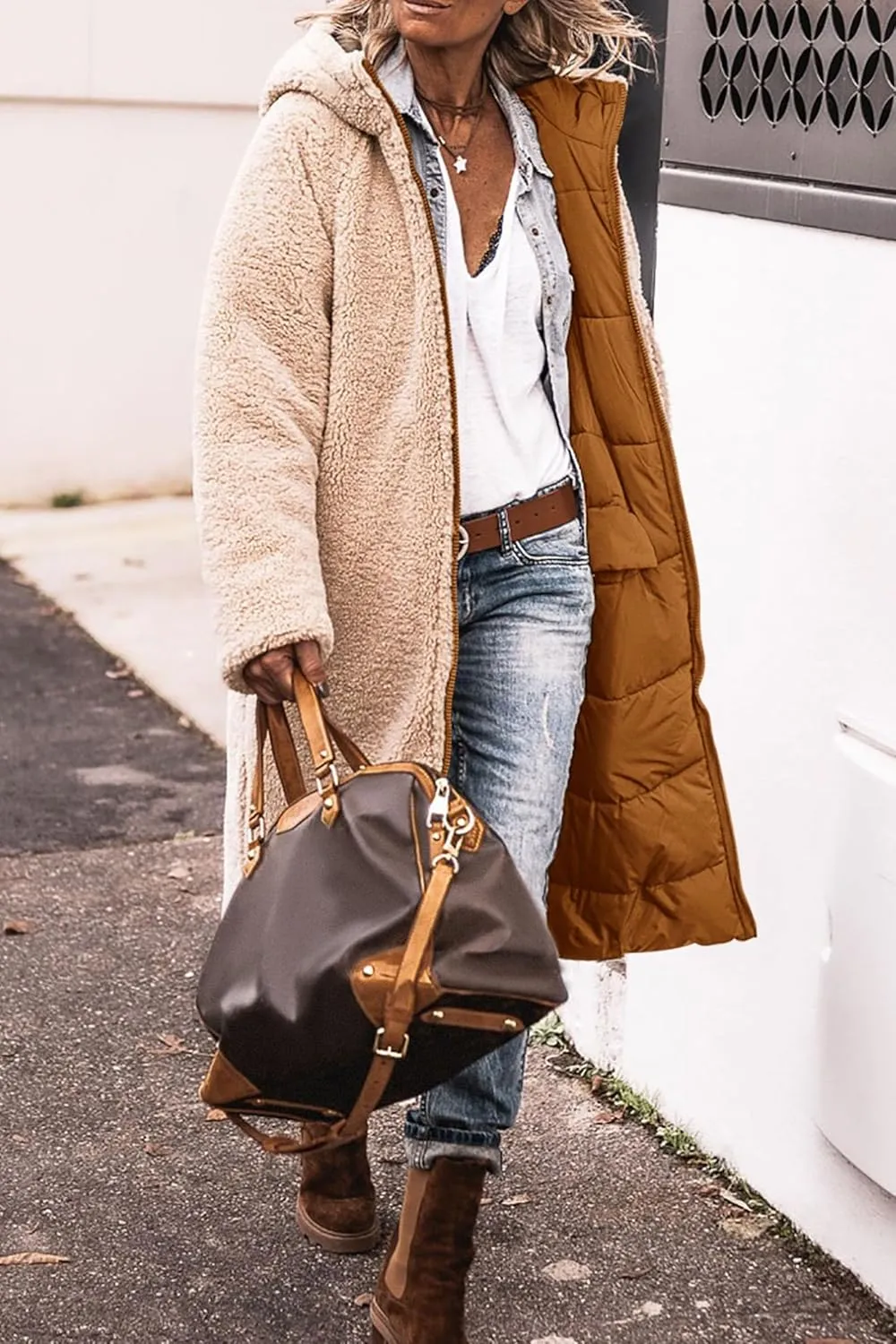 Long Puffer Coat Women Reversible Fleece Jacket Winter Hooded Down Coat Oversized Shearling Fleece Long Coats Jackets