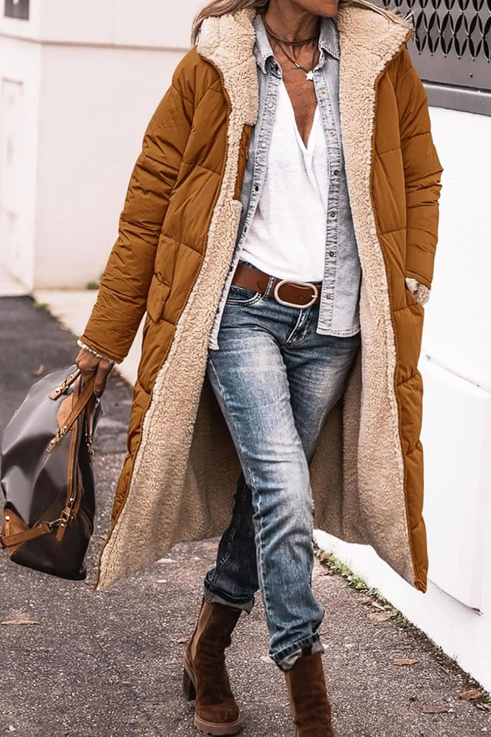 Long Puffer Coat Women Reversible Fleece Jacket Winter Hooded Down Coat Oversized Shearling Fleece Long Coats Jackets