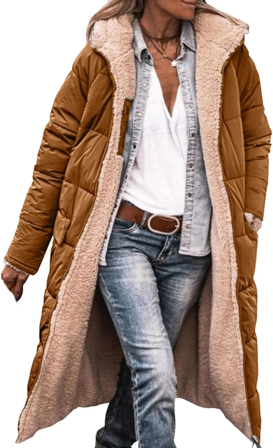Long Puffer Coat Women Reversible Fleece Jacket Winter Hooded Down Coat Oversized Shearling Fleece Long Coats Jackets