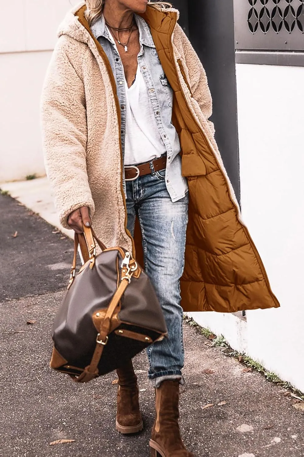 Long Puffer Coat Women Reversible Fleece Jacket Winter Hooded Down Coat Oversized Shearling Fleece Long Coats Jackets