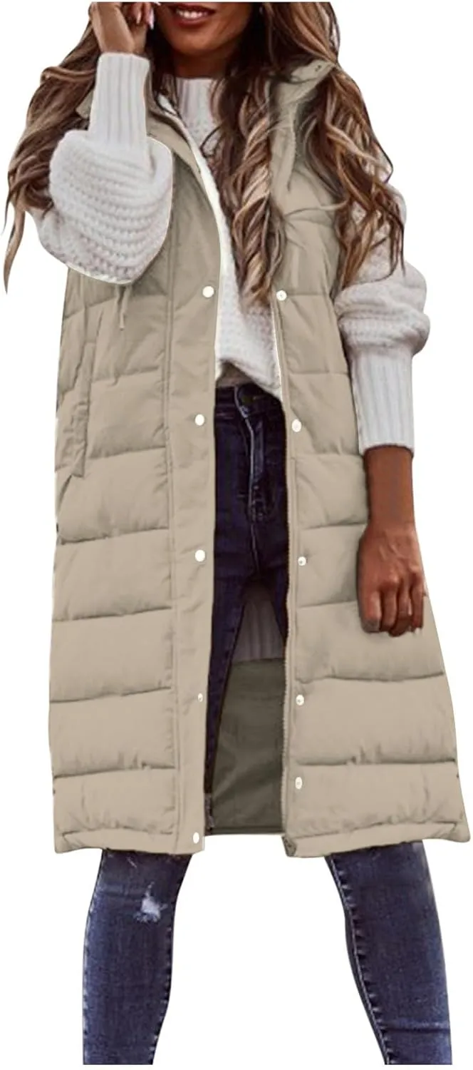 Long Puffer Vest Women Quilted Hooded Sleeveless Down Vest Outerwear Padded Jacket Fall Winter Coat with Pockets