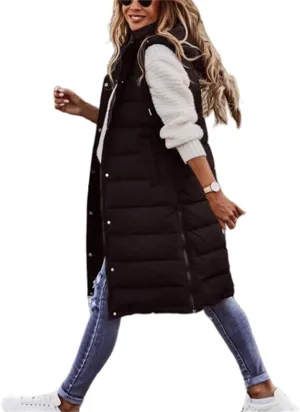 Long Puffer Vest Women with Hood Sleveless Casual Quilted Jacket Outdoor Puffer Down Vest Warm Winter Coat Outerwear
