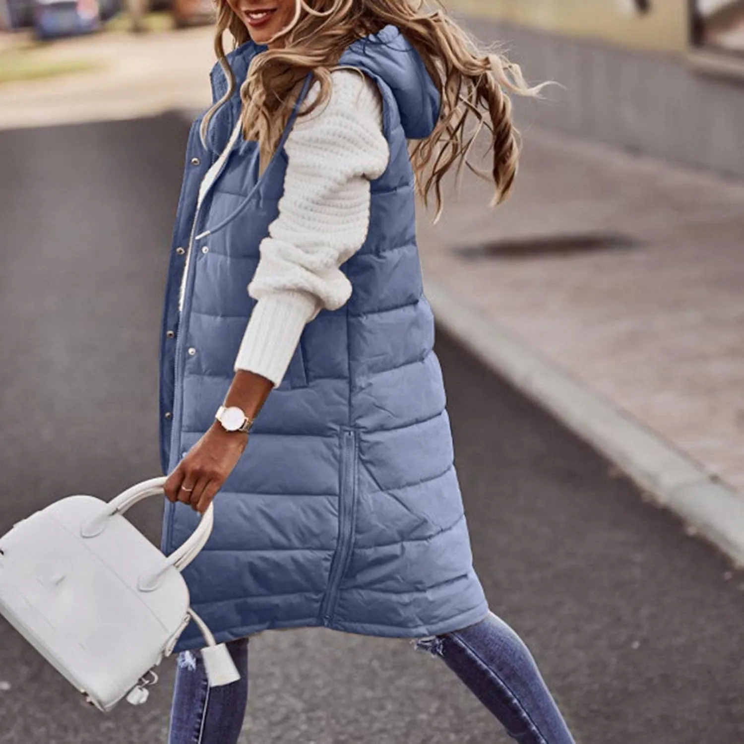 Long Puffer Vest Women with Hood Sleveless Casual Quilted Jacket Outdoor Puffer Down Vest Warm Winter Coat Outerwear