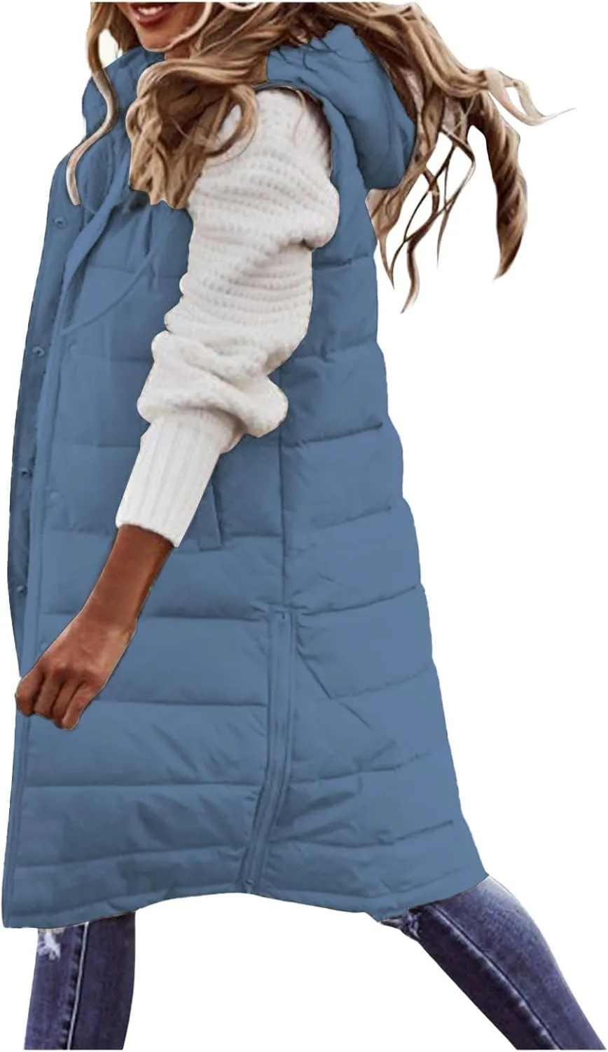 Long Puffer Vest Women with Hood Sleveless Casual Quilted Jacket Outdoor Puffer Down Vest Warm Winter Coat Outerwear