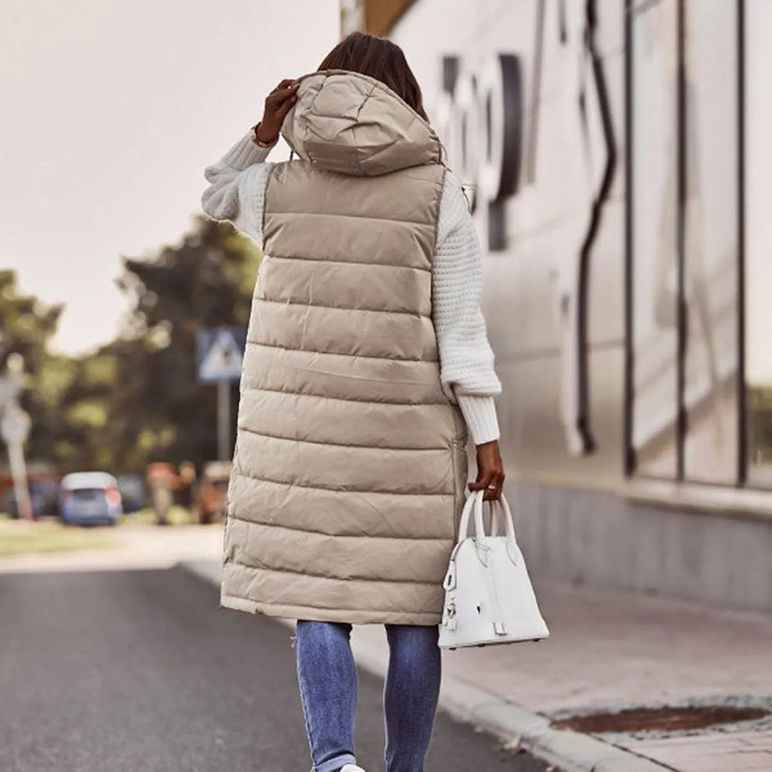Long Puffer Vest Women with Hood Sleveless Casual Quilted Jacket Outdoor Puffer Down Vest Warm Winter Coat Outerwear