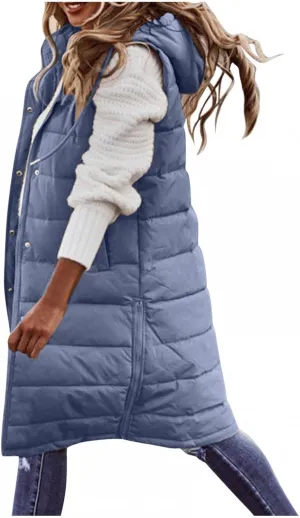 Long Puffer Vest Women with Hood Sleveless Casual Quilted Jacket Outdoor Puffer Down Vest Warm Winter Coat Outerwear