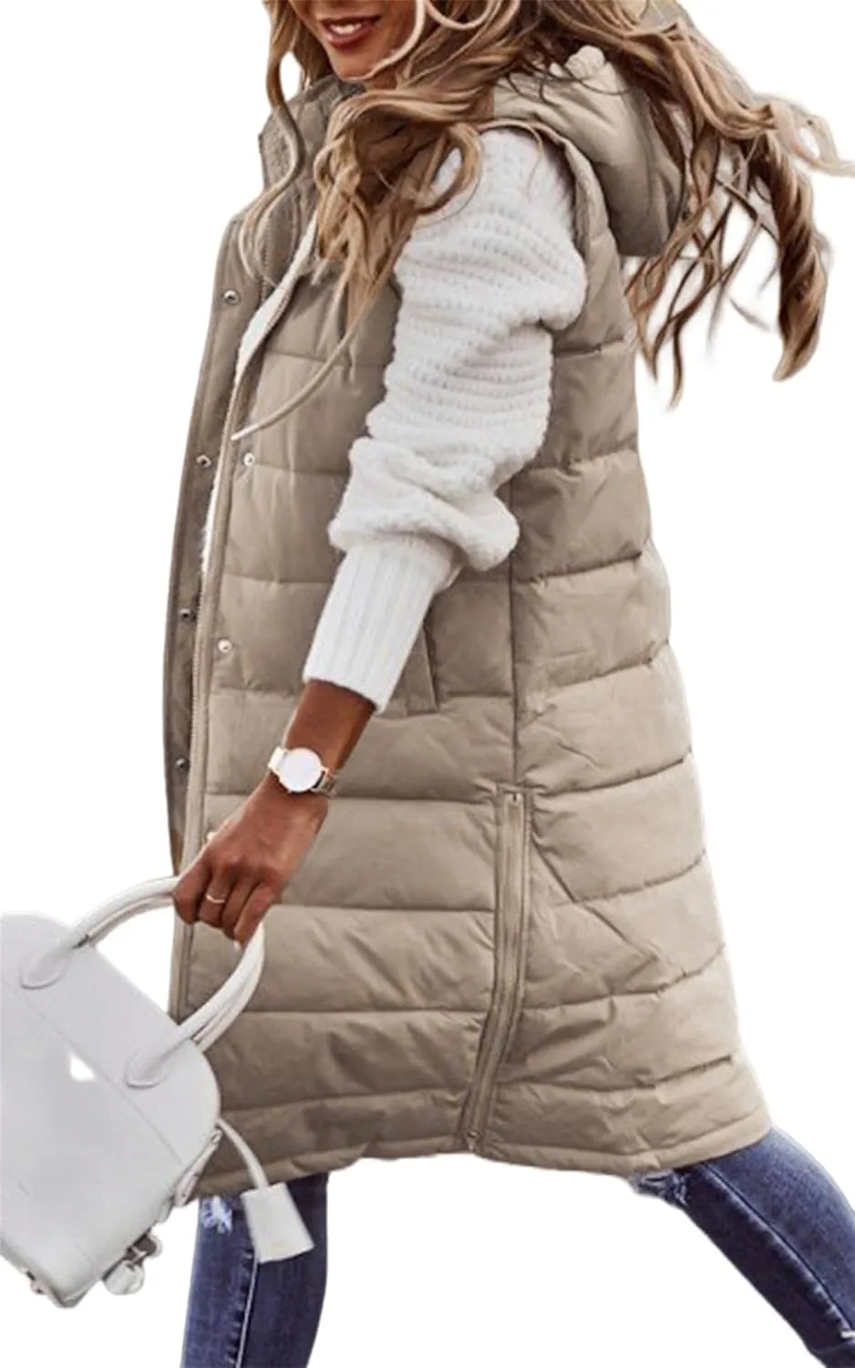 Long Puffer Vest Women with Hood Sleveless Casual Quilted Jacket Outdoor Puffer Down Vest Warm Winter Coat Outerwear