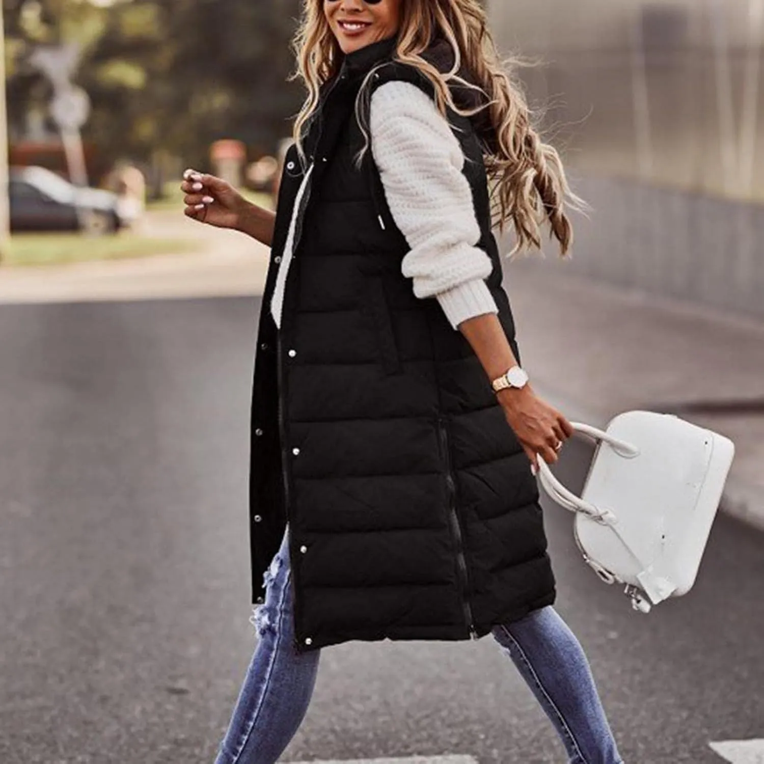 Long Puffer Vest Women with Hood Sleveless Casual Quilted Jacket Outdoor Puffer Down Vest Warm Winter Coat Outerwear