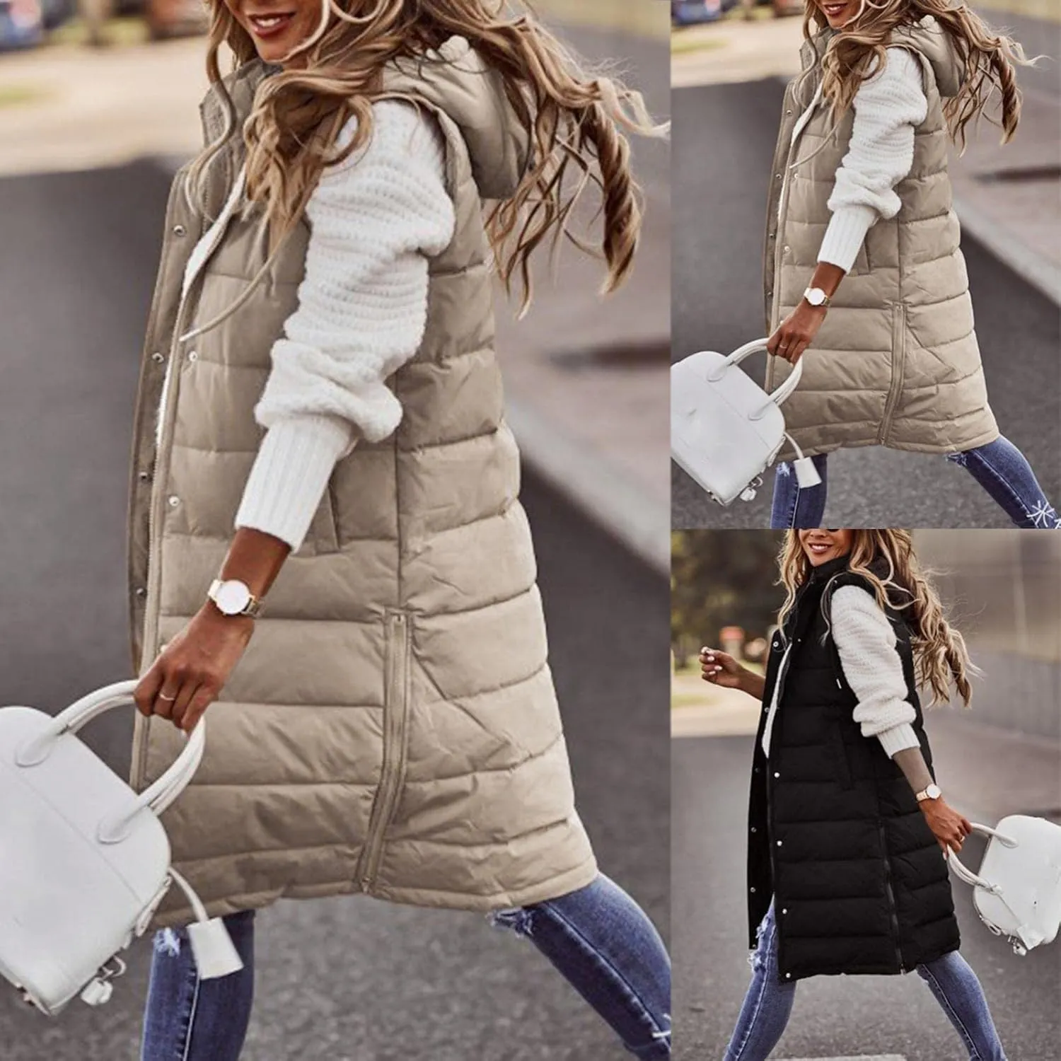 Long Puffer Vest Women with Hood Sleveless Casual Quilted Jacket Outdoor Puffer Down Vest Warm Winter Coat Outerwear