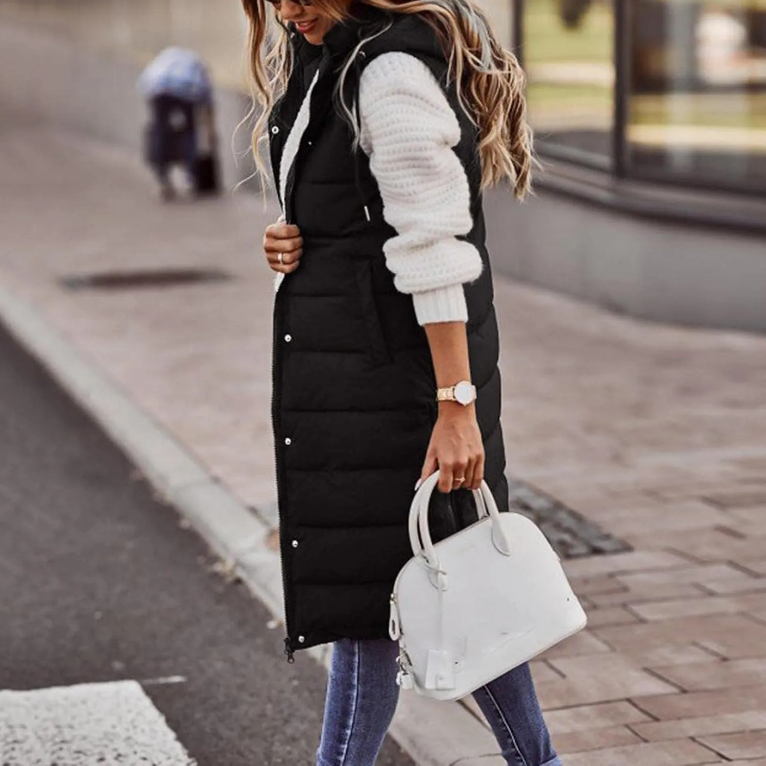 Long Puffer Vest Women with Hood Sleveless Casual Quilted Jacket Outdoor Puffer Down Vest Warm Winter Coat Outerwear