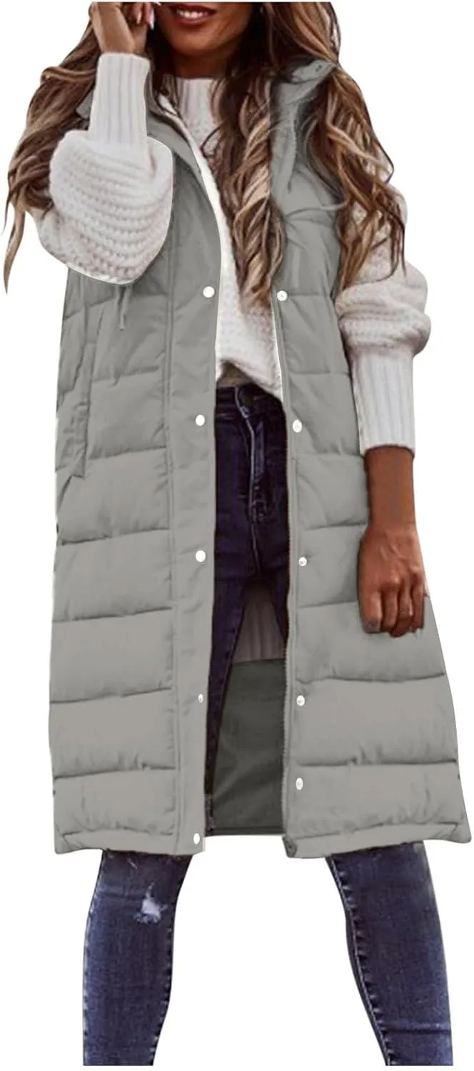 Long Puffer Vest Women with Hood Sleveless Casual Quilted Jacket Outdoor Puffer Down Vest Warm Winter Coat Outerwear