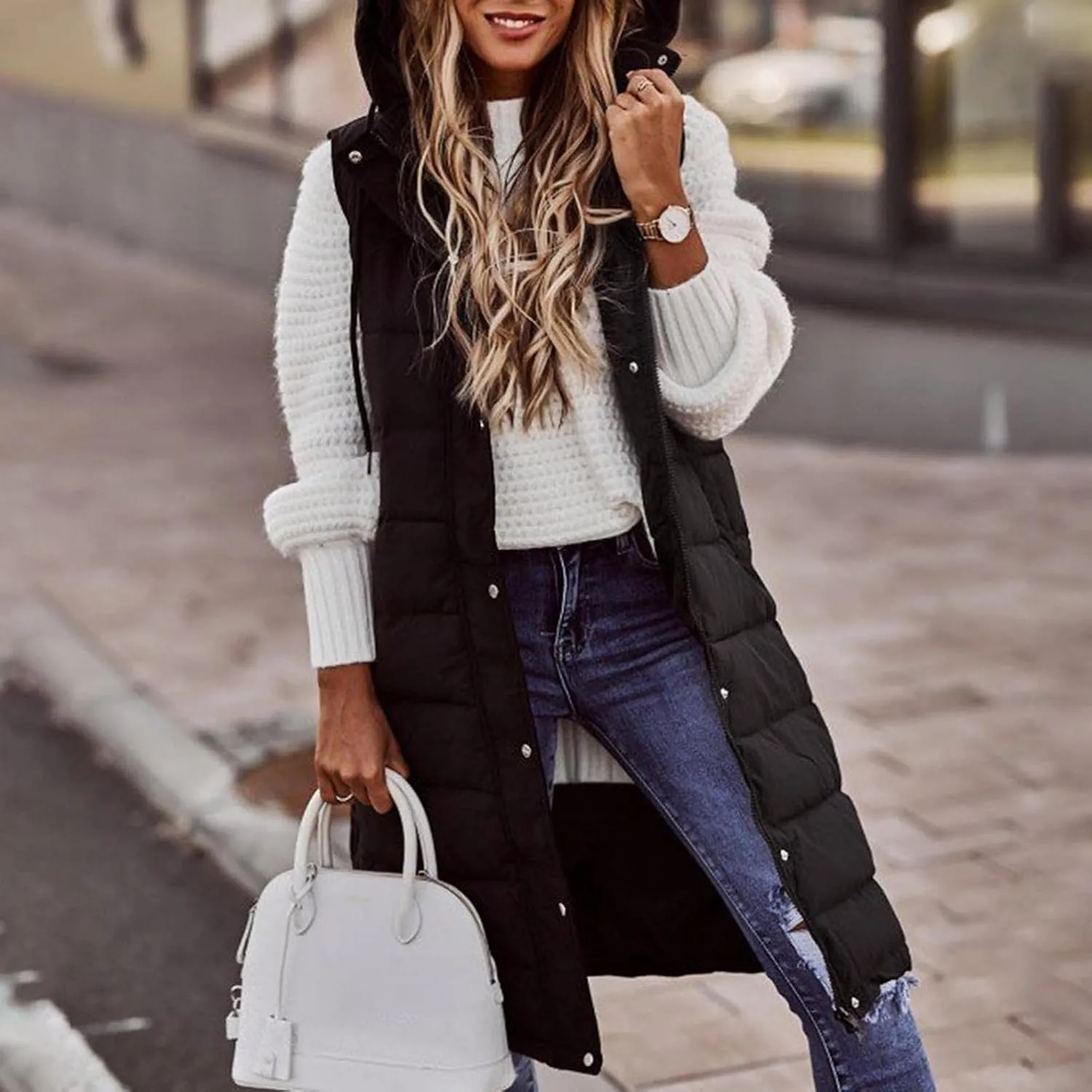 Long Puffer Vest Women with Hood Sleveless Casual Quilted Jacket Outdoor Puffer Down Vest Warm Winter Coat Outerwear