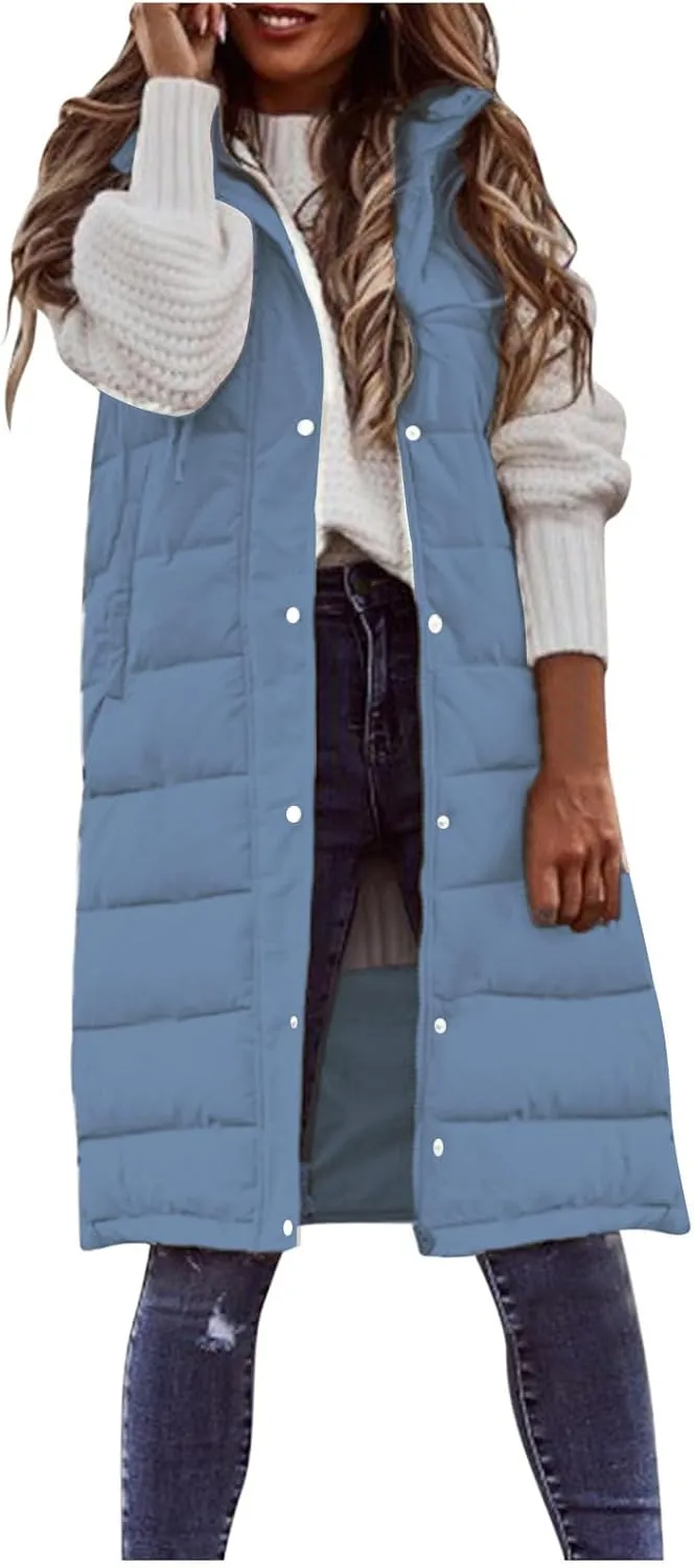 Long Puffer Vest Women with Hood Sleveless Casual Quilted Jacket Outdoor Puffer Down Vest Warm Winter Coat Outerwear