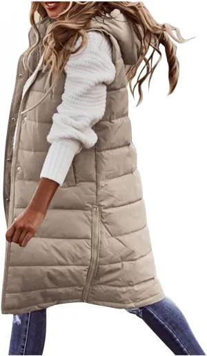 Long Puffer Vest Women with Hood Sleveless Casual Quilted Jacket Outdoor Puffer Down Vest Warm Winter Coat Outerwear