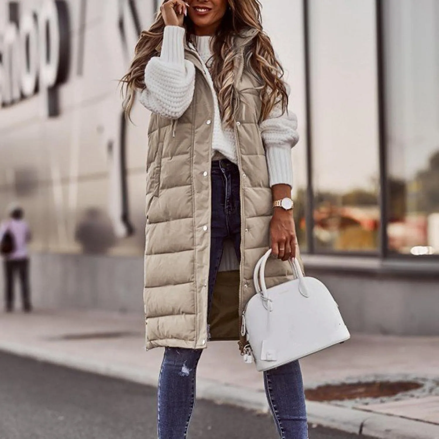 Long Puffer Vest Women with Hood Sleveless Casual Quilted Jacket Outdoor Puffer Down Vest Warm Winter Coat Outerwear