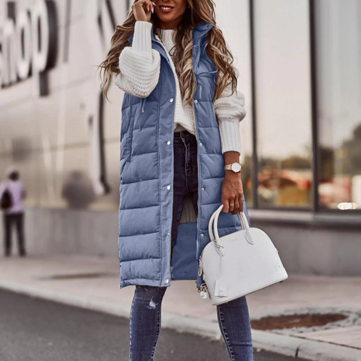 Long Puffer Vest Women with Hood Sleveless Casual Quilted Jacket Outdoor Puffer Down Vest Warm Winter Coat Outerwear