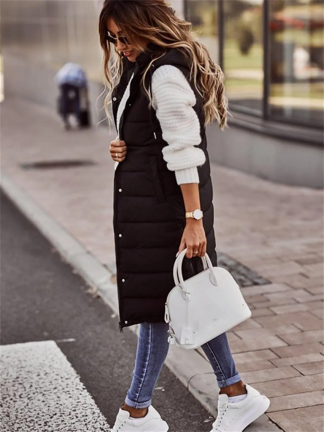 Long Puffer Vest Women with Hood Sleveless Casual Quilted Jacket Outdoor Puffer Down Vest Warm Winter Coat Outerwear