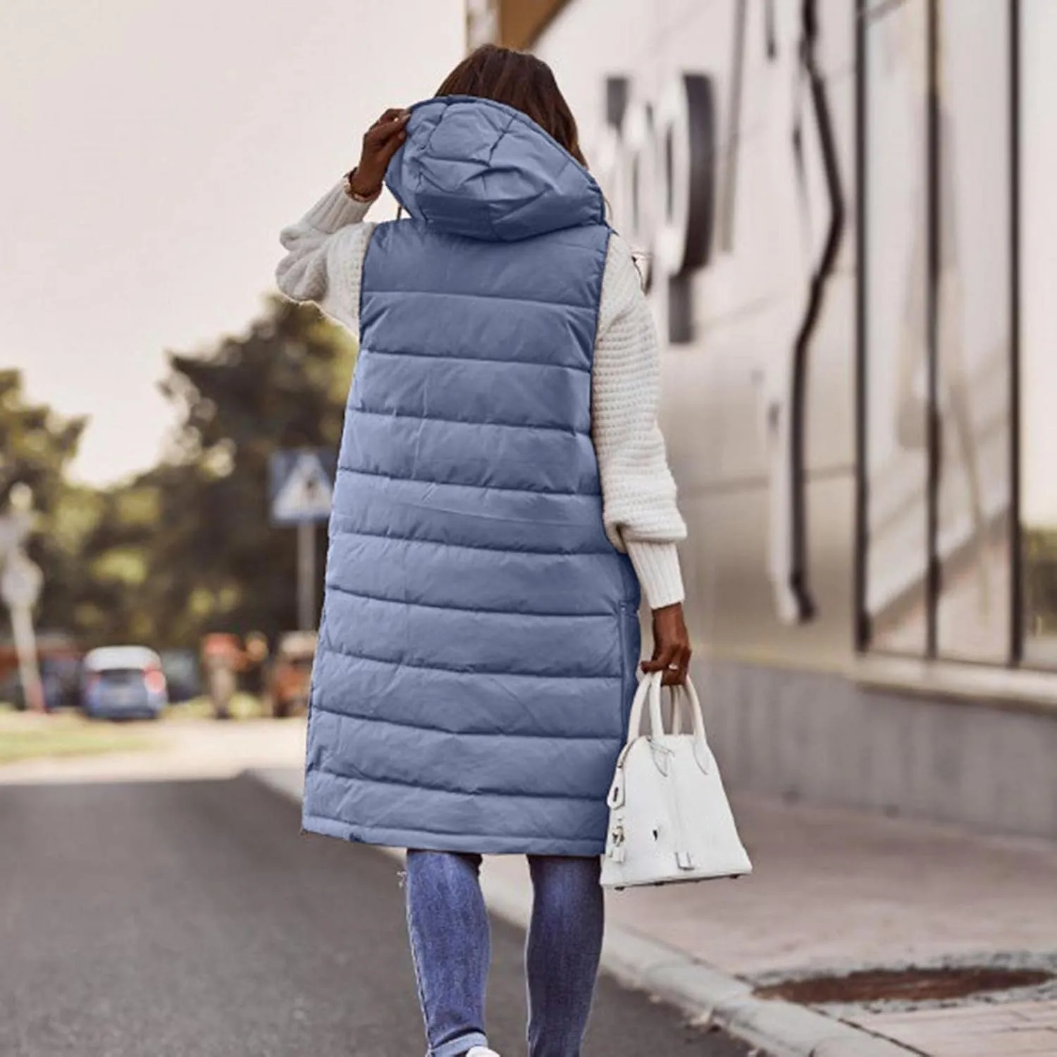 Long Puffer Vest Women with Hood Sleveless Casual Quilted Jacket Outdoor Puffer Down Vest Warm Winter Coat Outerwear